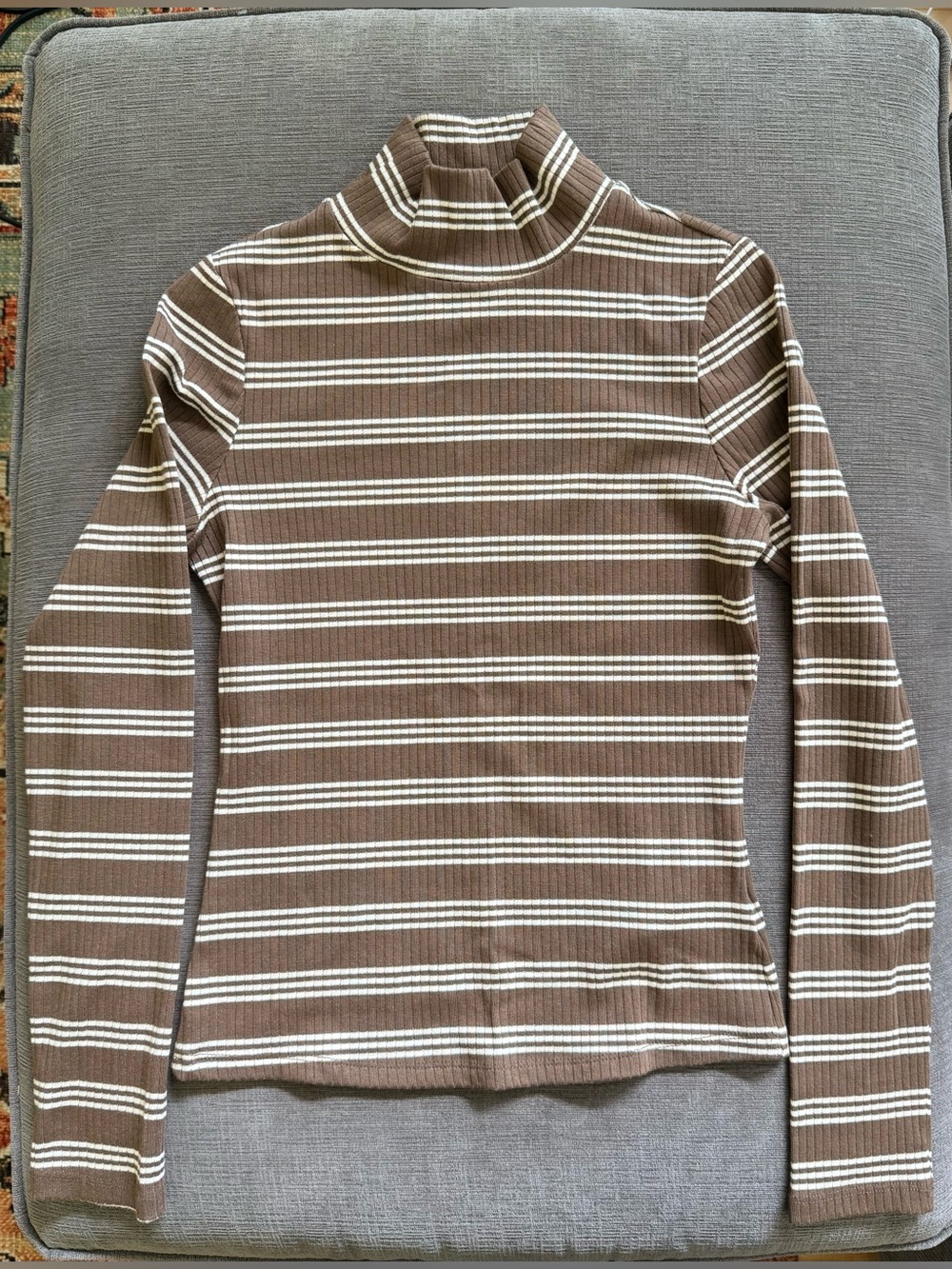 Maeve Striped Ribbed Turtleneck Sweater - Brown & Cream -size xs